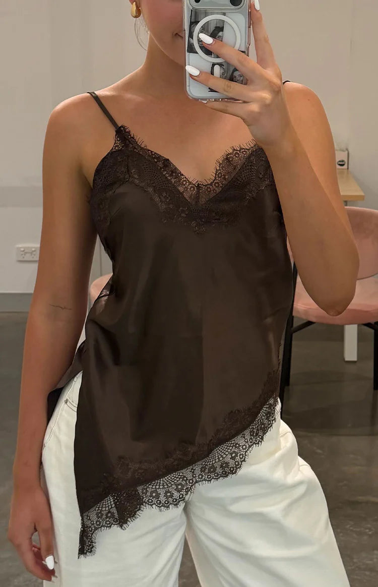 Beginning Boutique Ziva Brown Satin Lace Asymmetrical Top brown satin V-neck cami with lace trim and asymmetrical hem