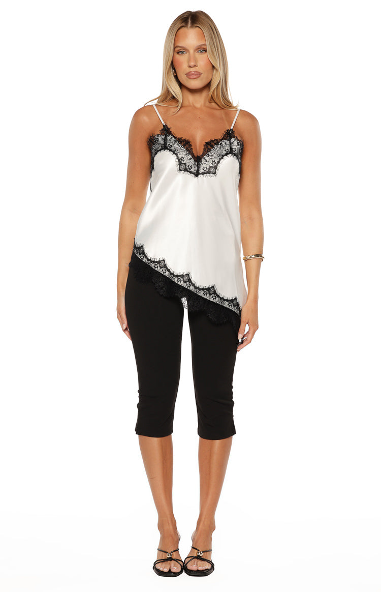 Ziva White Satin Lace Trim Asymmetrical Top | Beginning Boutique US