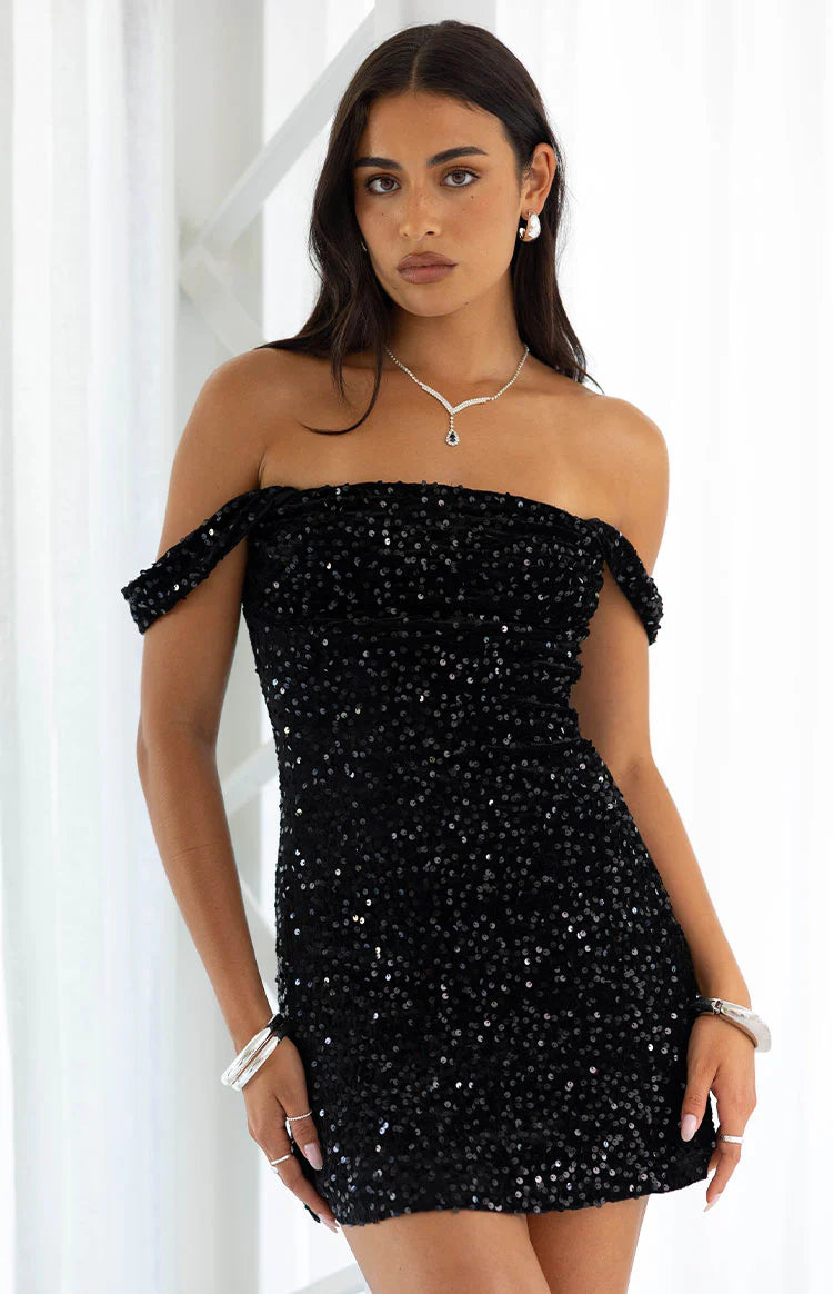 Zoella Black Velvet Sequin Off The Shoulder Mini Dress - US 8
