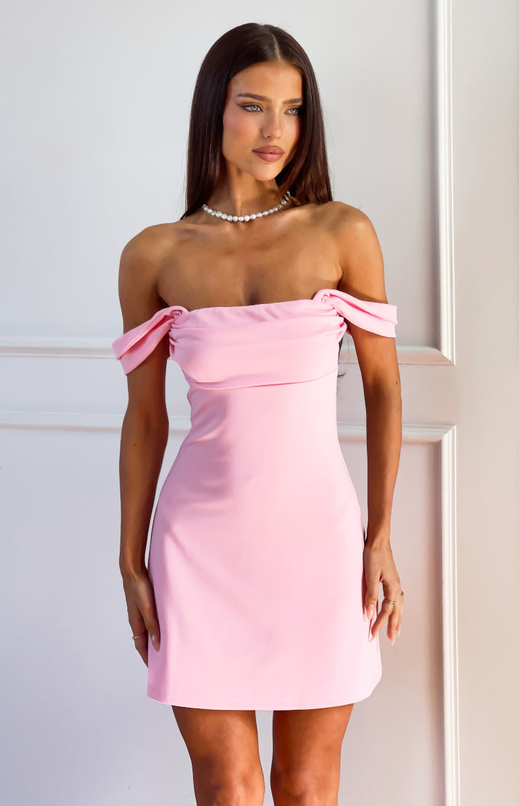 Pink crepe mini dress with an off-shoulder neckline and ruched short sleeves