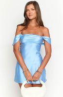 Beginning Boutique Zoella Blue Off The Shoulder Mini Dress light blue satin off-the-shoulder mini dress with draped neckline