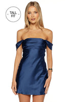 Beginning Boutique Zoella Tall Fit Navy Off The Shoulder Mini Dress navy satin off-shoulder mini dress with tied sleeves