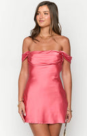 Beginning Boutique Zoella Pink Off The Shoulder Mini Dress pink satin off-shoulder mini dress with draped sleeves