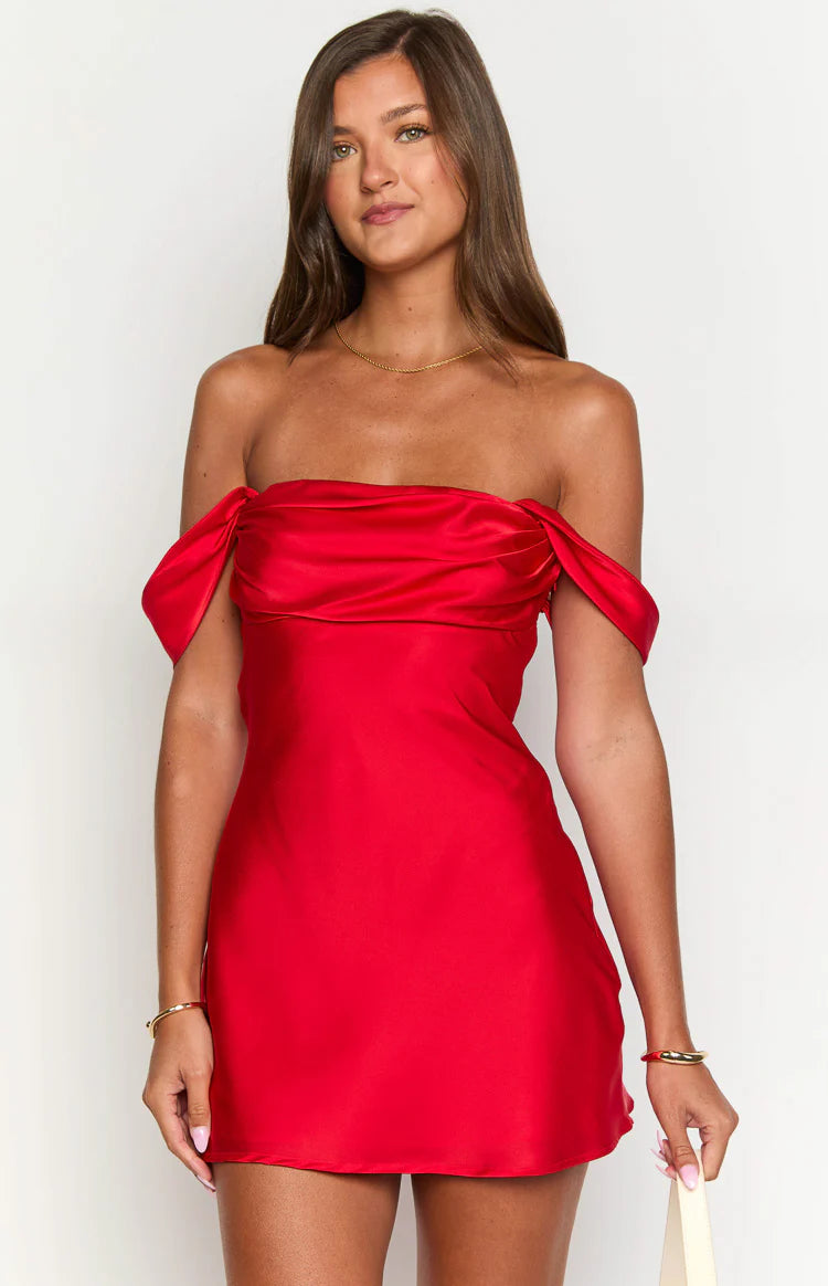 off shoulder red dress short Hfyihgf Womens Tie Waist Ruffle Dress Off Shoulder Lantern Long Sleeve Chiffon Short Dresses A-Line Casual Swiss Dot Swing Dress(Red,S)