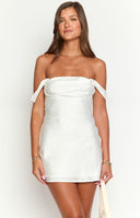 Beginning Boutique Zoella White Off The Shoulder Mini Dress white satin off-shoulder mini dress with draped bust and fitted bodice