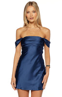 Beginning Boutique Zoella Tall Fit Navy Off The Shoulder Mini Dress navy satin off-shoulder mini dress with tied sleeves