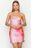 Beginning Boutique Annie Pink Floral Strapless Mini Dress pink floral strapless mini dress with a fitted silhouette and large abstract print