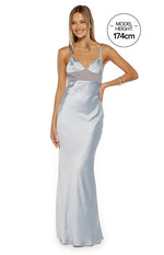 Beginning Boutique Ava Light Blue Satin Formal Maxi Dress light blue satin V-neck maxi dress with spaghetti straps and sheer mesh panel under bust