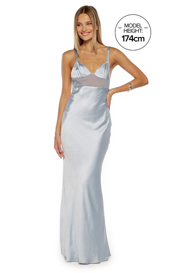 Beginning Boutique Ava Light Blue Satin Formal Maxi Dress light blue satin V-neck maxi dress with spaghetti straps and sheer mesh panel under bust