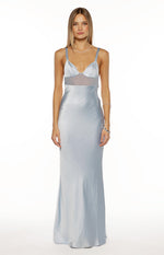 Light blue satin maxi dress with sweetheart neckline, sheer mesh panel, and thin straps