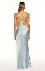 Rear view of the light blue satin maxi dress with a low scoop back and long criss-cross tie straps