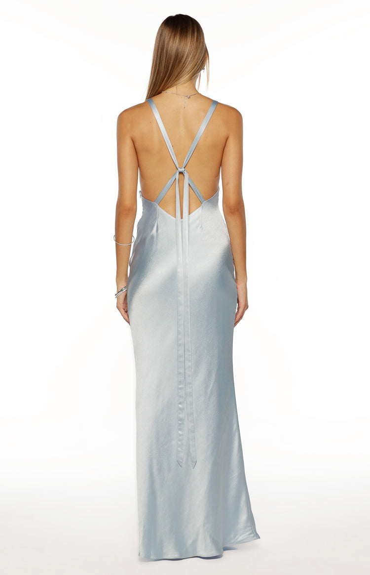 Rear view of the light blue satin maxi dress with a low scoop back and long criss-cross tie straps