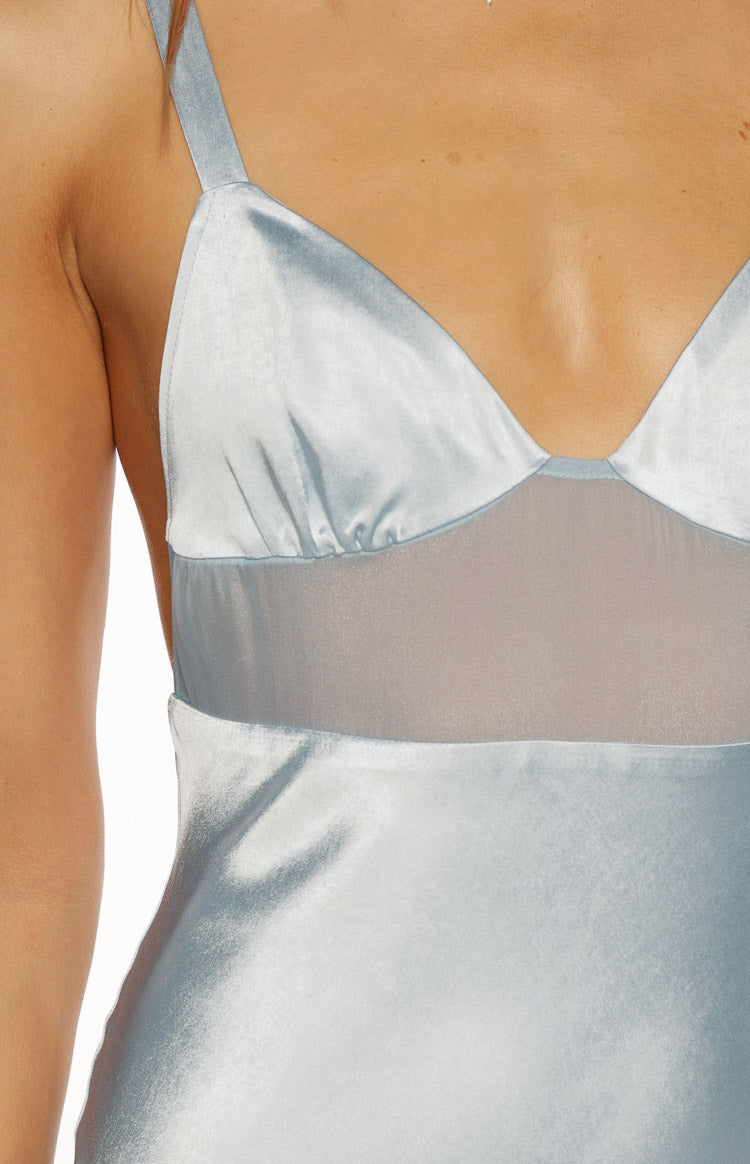 Close-up of the light blue satin maxi dress bodice with a sheer mesh midriff panel