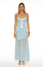 Light blue sequin maxi dress with a scoop neck, thin spaghetti straps, and an asymmetrical sequin mini dress overlay over a sheer maxi skirt