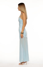 Side view of the light blue sequin maxi dress with a fitted sequin bodice and sheer maxi skirt