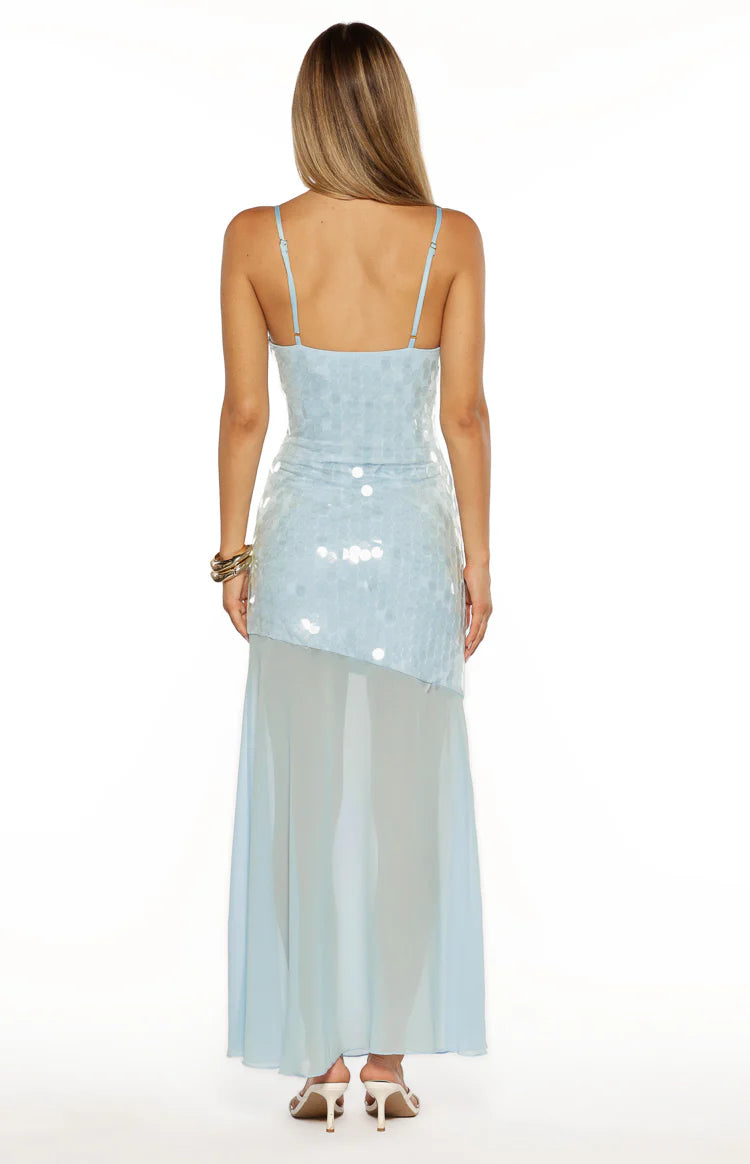 Belinda Light Blue Sequin Maxi Dress - US 8 | Beginning Boutique Exclusive