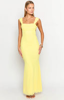 Beginning Boutique Beverley Yellow Mesh Maxi Dress yellow mesh maxi dress with an open back, criss-cross tie straps, and shor