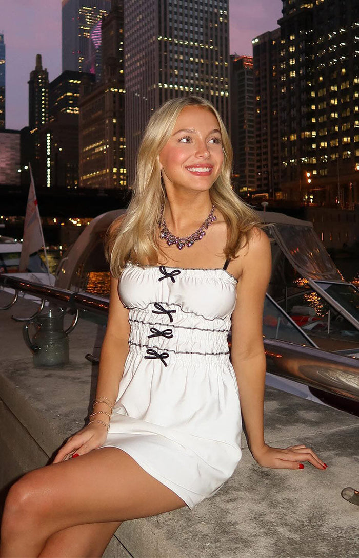 It Girl White Bow Mini Dress - US 6 | Beginning Boutique Exclusive