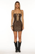 Front view of a vintage brown PU mini dress with a deep V-neckline and black lace-up detail