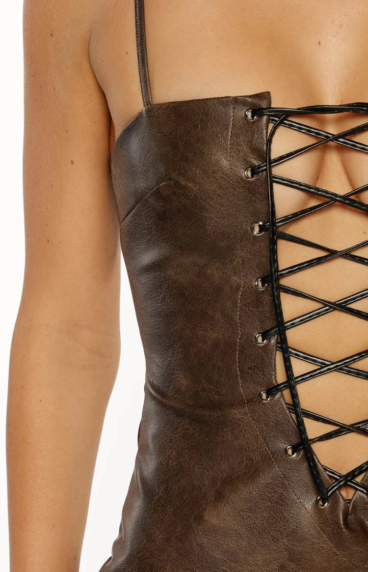 Britany Vintage Brown PU Lace Up Mini Dress - US 12 | Beginning Boutique exclusive