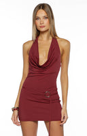 Carrie Burgundy Cowl Neck Belt Mini Dress