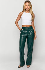 Front view of forest green PU wide-leg pants with a high waist, button closure, and relaxed fit