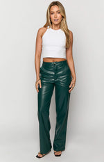 Front view of forest green PU pants with a relaxed straight-leg fit and visible front pockets