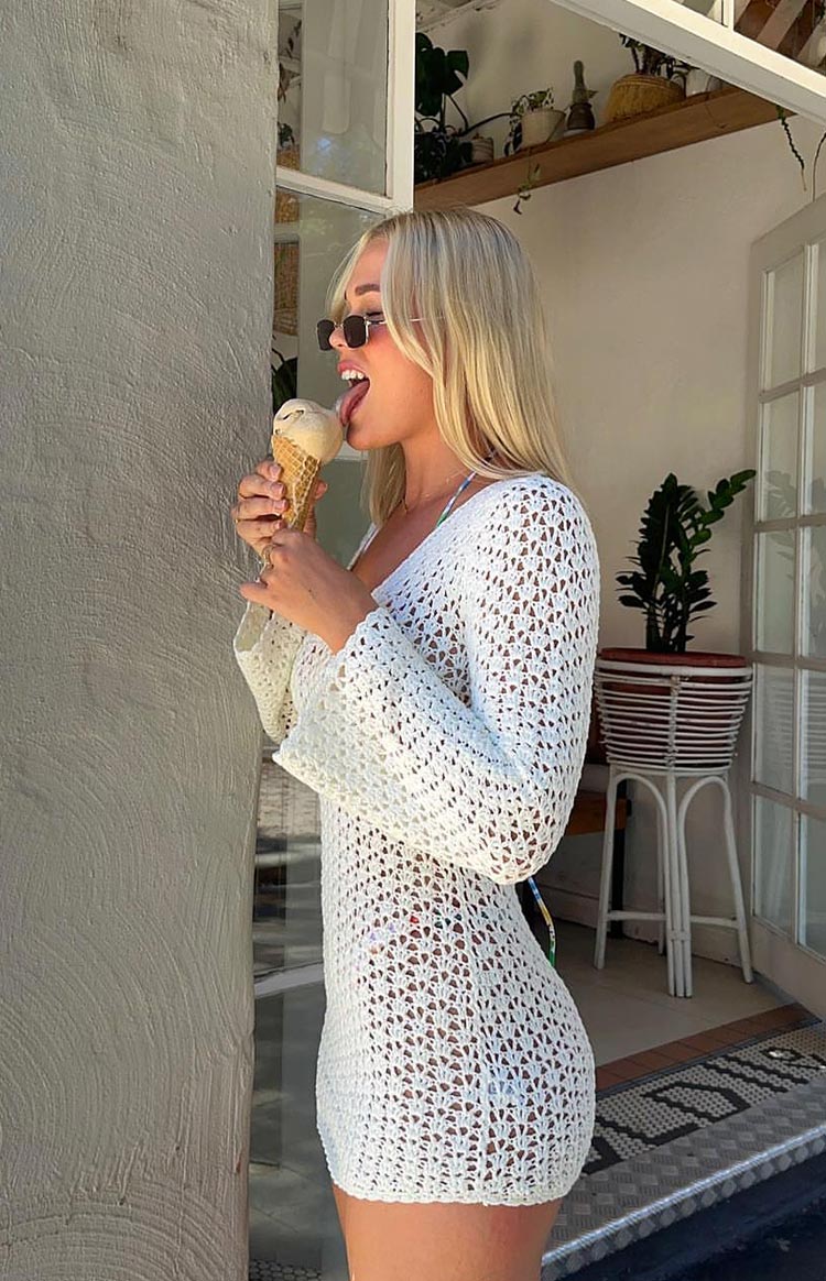 Alessia White Crochet Knit Long Sleeve Mini Dress Beginning