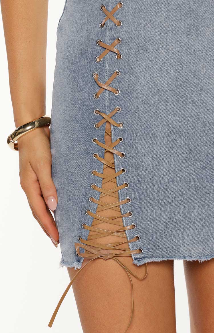 knee length dresses for ladies Akira Lace Me Up Denim Mini Dress main image 1