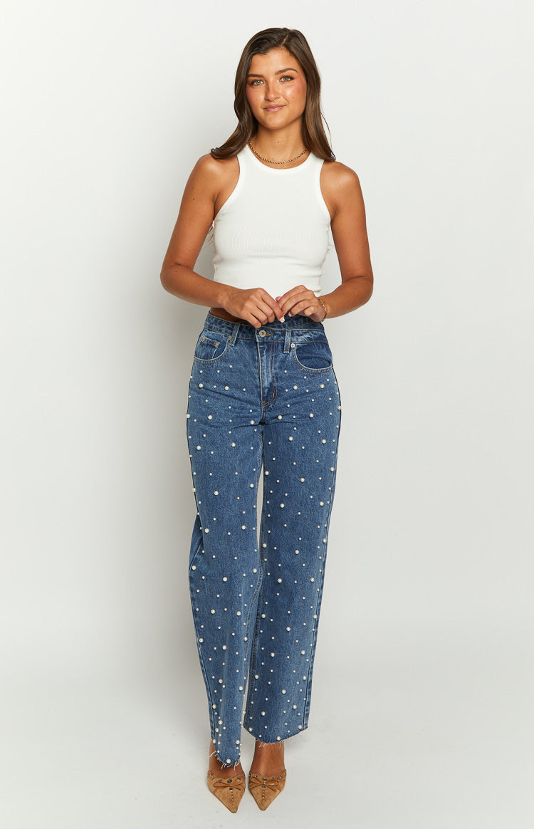 Denim Dazzle Pearl Mid Wash High Waisted Jeans Image