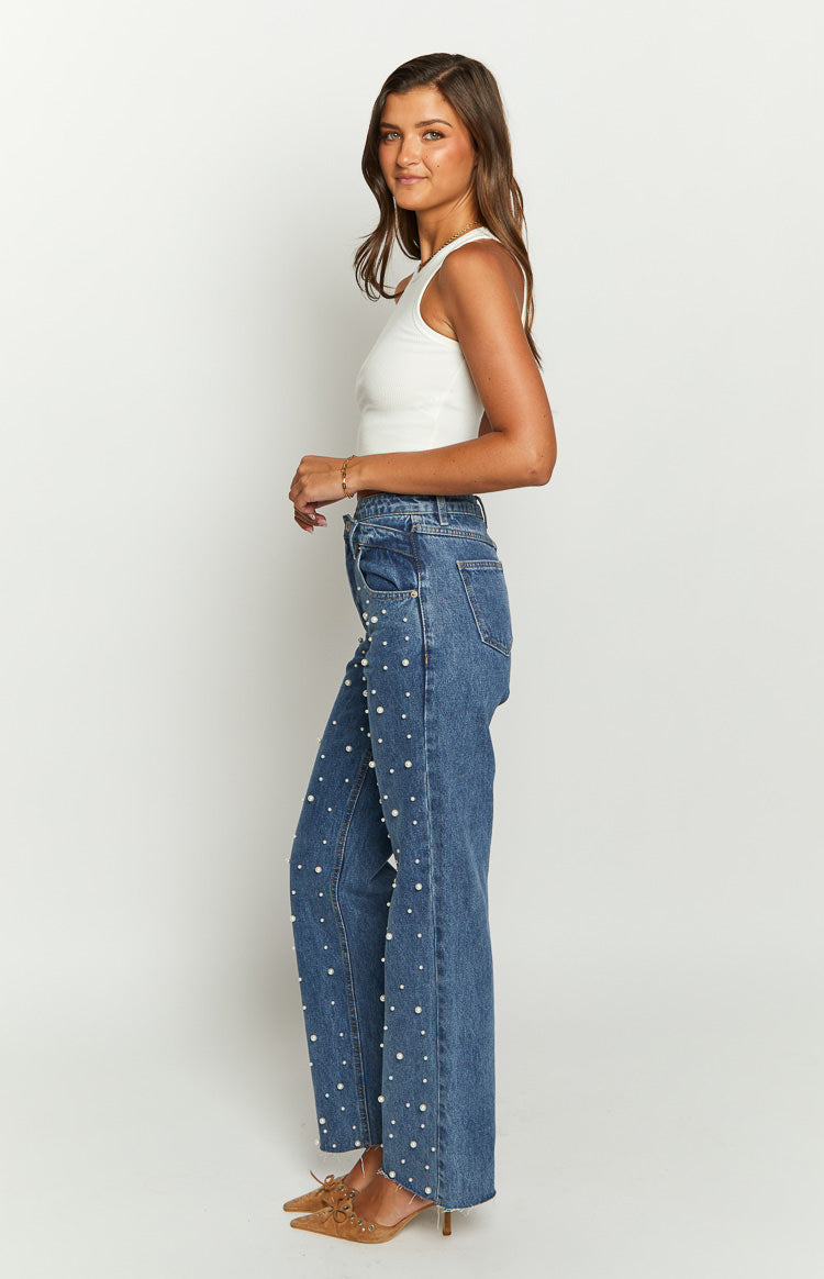 Denim Dazzle Pearl Mid Wash High Waisted Jeans – Beginning Boutique US