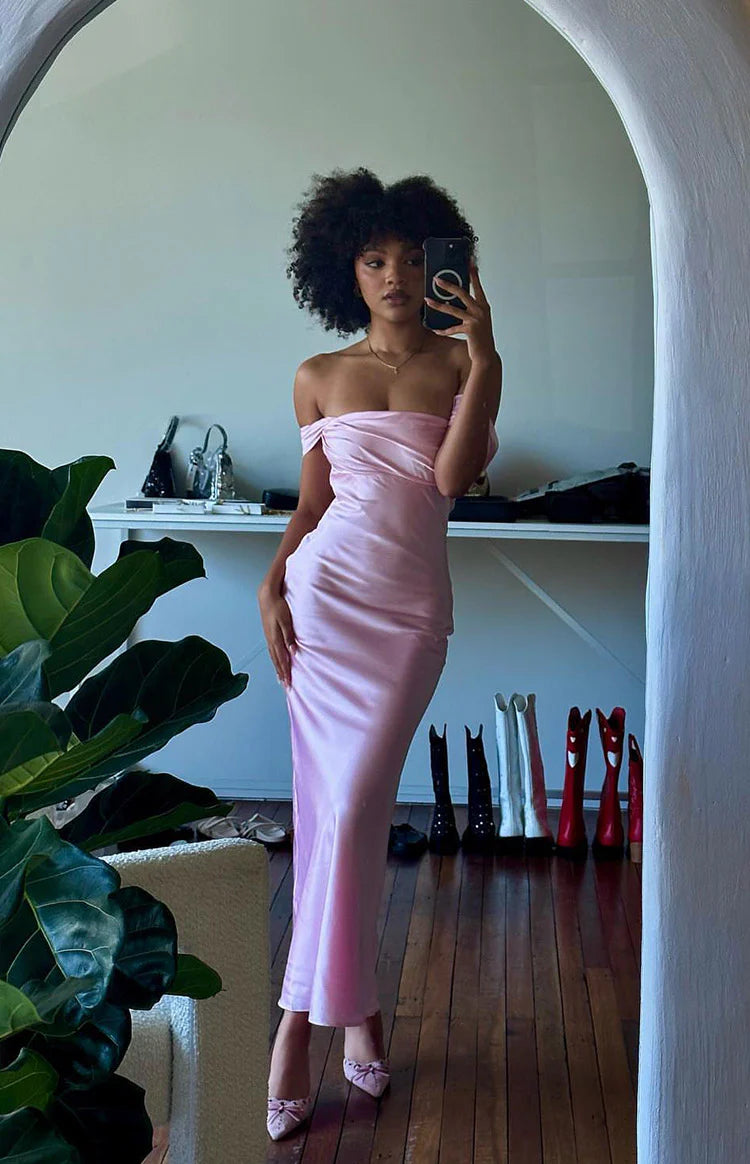 women's light pink off the shoulder dress for a wedding Light Pink Satin Wedding Dress with Off Shoulder Sleeves Vintage Pink Wedding Dress with Lace Trim and Corset Back Plus Size Size 26W / Pink / with