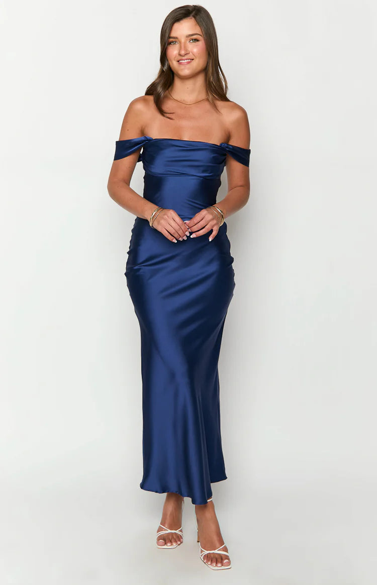Ella Navy Off Shoulder Formal Maxi Dress - US 18 | Beginning Boutique Exclusive Ella Navy Off Shoulder Formal Maxi Dress - US 18 | Beginning Boutique Exclusive