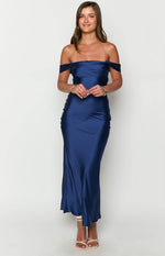 Front view of a navy satin off-shoulder maxi dress with a draped bodice and fitted silhouette