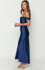 Side view of a navy satin off-shoulder maxi dress with a fitted bodice and flowing skirt