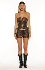 Eminara Vintage Brown PU Lace Up Shorts
