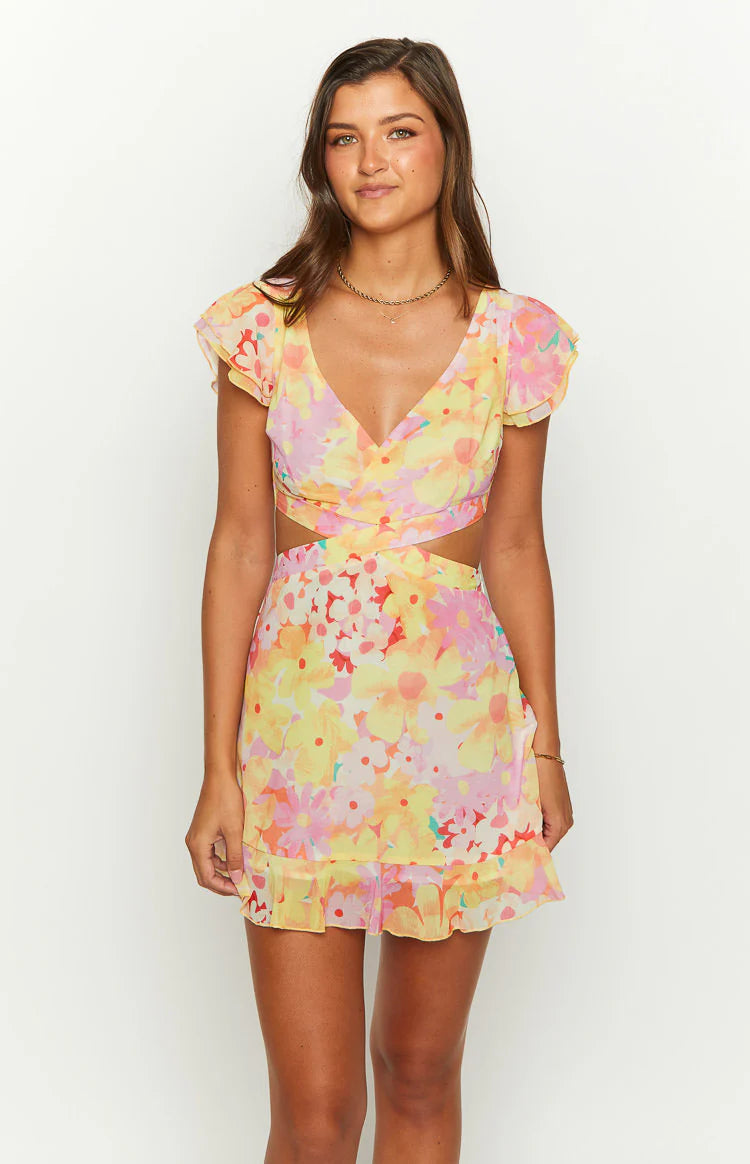 Motif Yellow Floral Print Mini Dress - US 10
