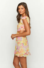 Motif Yellow Floral Print Mini Dress