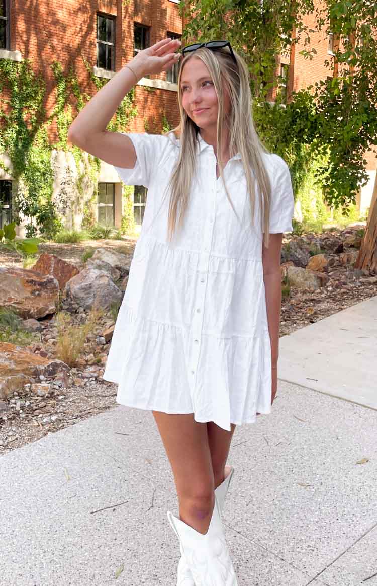 Frances White Linen Tiered Dress - US 8