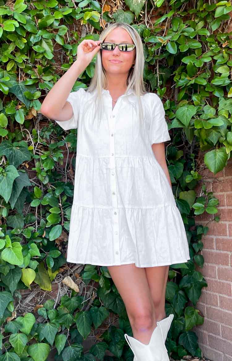 tiered white dress Nymph Bohemian Linen Maxi engagement outfit for women Confte - Odette Ruffle Mock