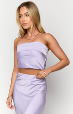 Lilac satin strapless crop top with a wide folded band detail at the bust