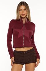 Groove Burgundy Star Zip Up Knit Sweater Image