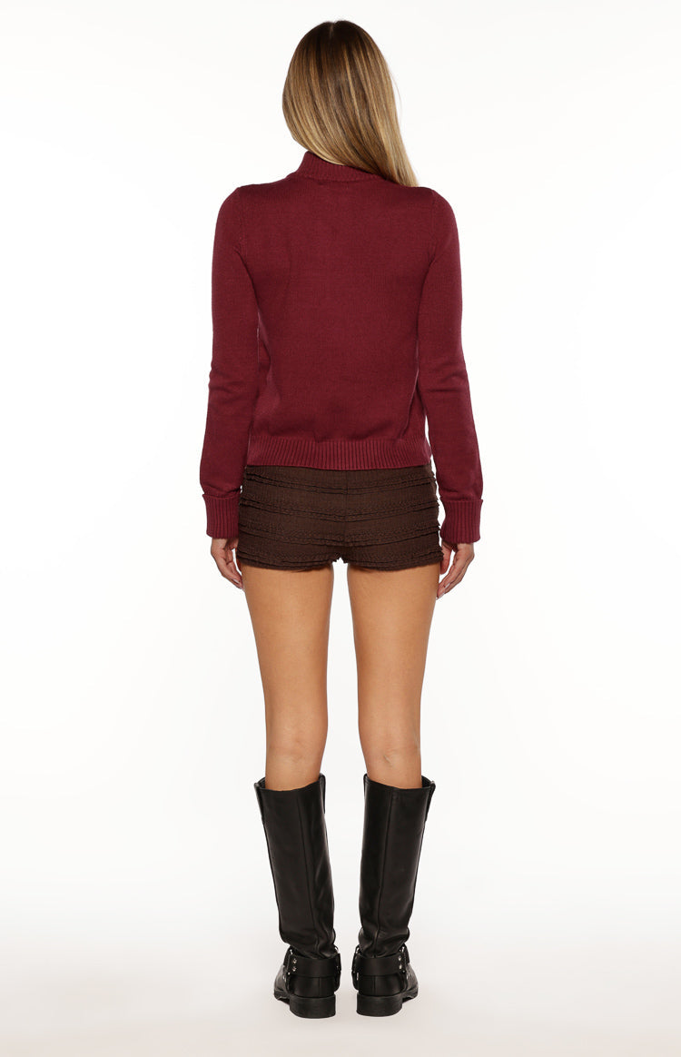 Back view of a burgundy knit sweater with a high neck, long sleeves, and ribbed cuffs and hem