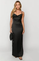 Beginning Boutique Honey Black Maxi Dress black satin maxi dress with twisted sweetheart neckline spaghetti straps and side slit