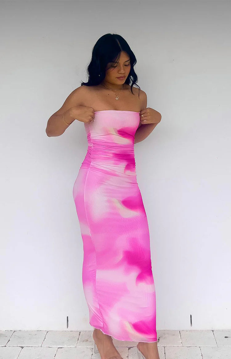 Imogen Pink Print Strapless Maxi Dress - US 12