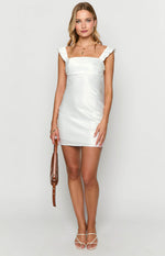 White satin-look mini dress with a square neckline, ruffled cap sleeves, and a fitted silhouette