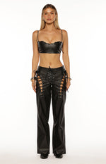 Black PU leather crop top with thin spaghetti straps and a scalloped lace-up neckline