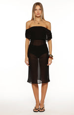 July Black Sheer Off the Shoulder Midi Dress Image