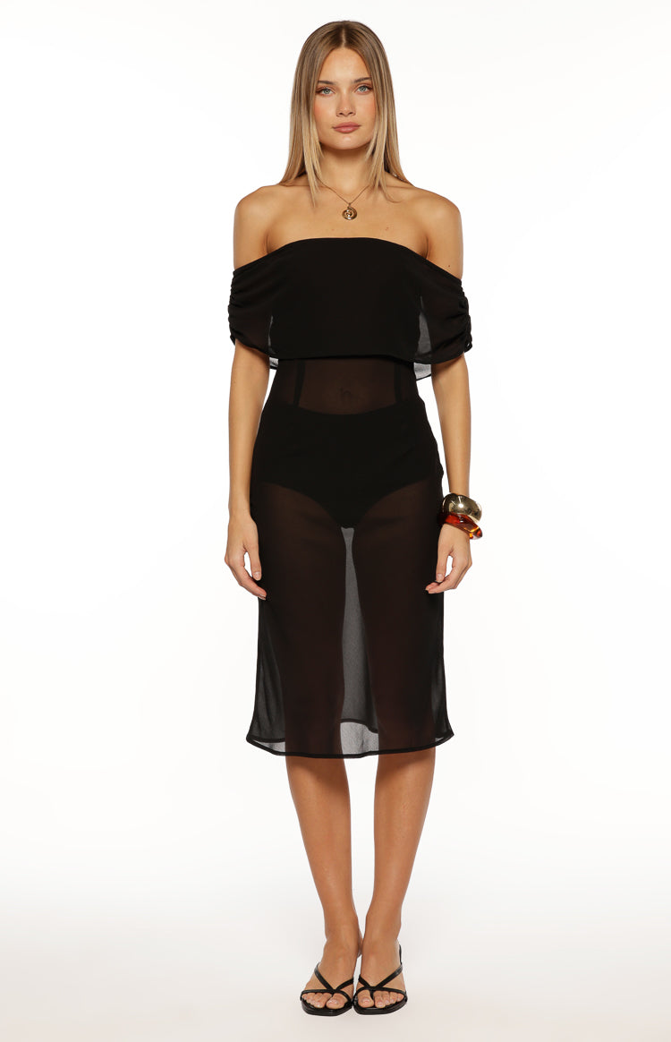 July Black Sheer Off the Shoulder Midi Dress Image