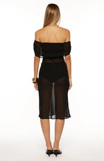 July Black Sheer Off the Shoulder Midi Dress